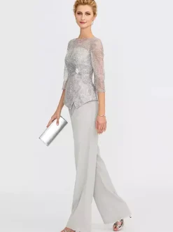 Robe de soirée pour la mère de la mariée décolleté illusion manches 3/4 deux pièces en dentelle longueur au sol robes d'invitées pour mariage