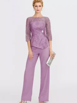 Robe de soirée pour la mère de la mariée décolleté illusion manches 3/4 deux pièces en dentelle longueur au sol robes d'invitées pour mariage