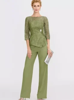 Robe de soirée pour la mère de la mariée décolleté illusion manches 3/4 deux pièces en dentelle longueur au sol robes d'invitées pour mariage