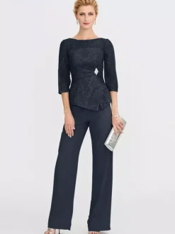 Robe de soirée pour la mère de la mariée décolleté illusion manches 3/4 deux pièces en dentelle longueur au sol robes d'invitées pour mariage