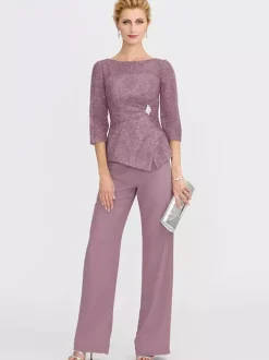 Robe de soirée pour la mère de la mariée décolleté illusion manches 3/4 deux pièces en dentelle longueur au sol robes d'invitées pour mariage