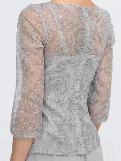 Robe de soirée pour la mère de la mariée décolleté illusion manches 3/4 deux pièces en dentelle longueur au sol robes d'invitées pour mariage