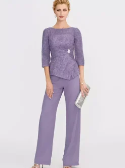 Robe de soirée pour la mère de la mariée décolleté illusion manches 3/4 deux pièces en dentelle longueur au sol robes d'invitées pour mariage