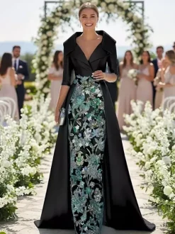 Robe de soirée pour la mère de la mariée col en V manches 3/4 coupe trapèze en dentelle idéale pour un mariage.