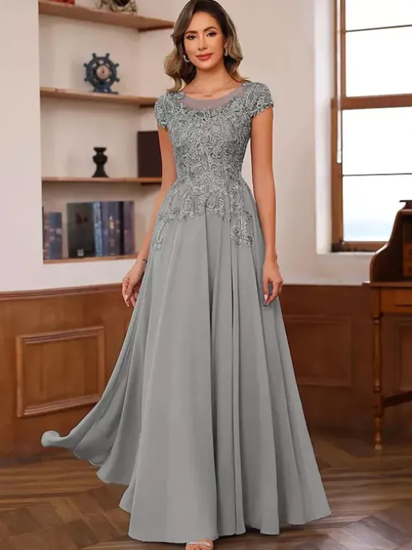 Robe de soirée pour mère de la mariée décolleté illusion manches courtes robe de bal dentelle robes d'invitées de mariage