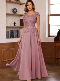 Robe de soirée pour mère de la mariée décolleté illusion manches courtes robe de bal dentelle robes d'invitées de mariage