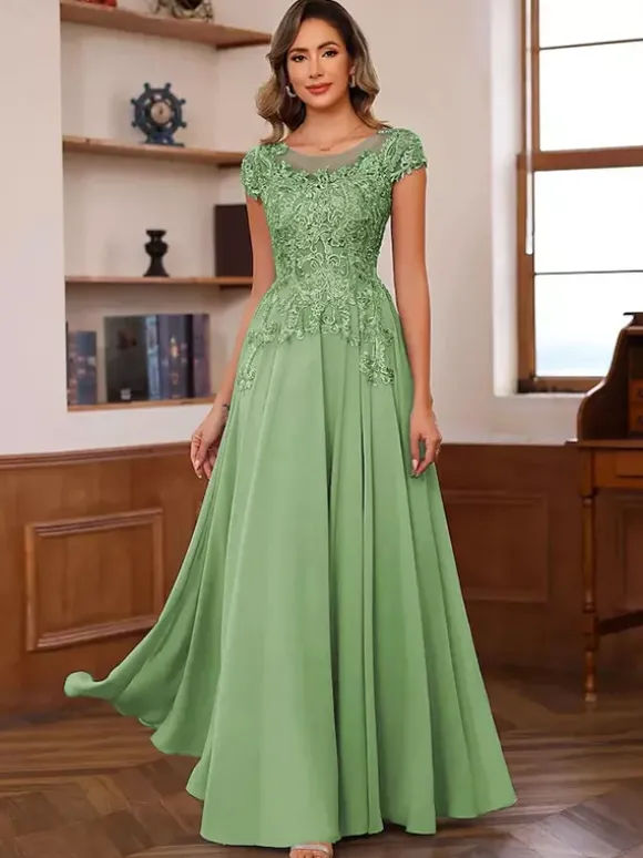 Robe de soirée pour mère de la mariée décolleté illusion manches courtes robe de bal dentelle robes d'invitées de mariage