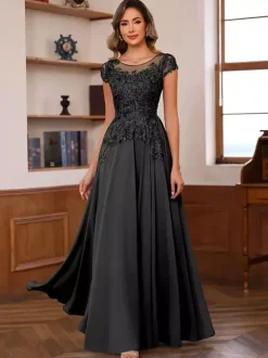Robe de soirée pour mère de la mariée décolleté illusion manches courtes robe de bal dentelle robes d'invitées de mariage