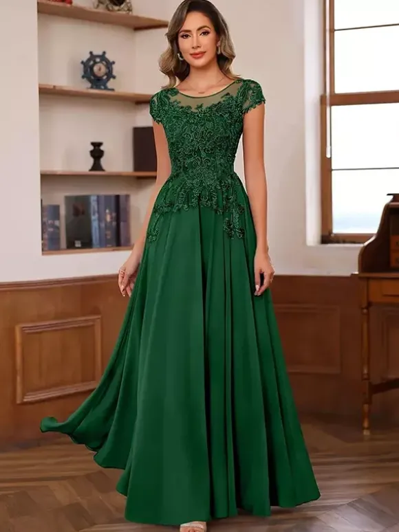 Robe de soirée pour mère de la mariée décolleté illusion manches courtes robe de bal dentelle robes d'invitées de mariage