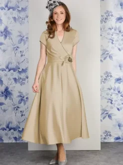 Robe de soirée pour mère de la mariée col en v manches courtes ligne a fleurs longueur cheville robes d'invitées pour mariage