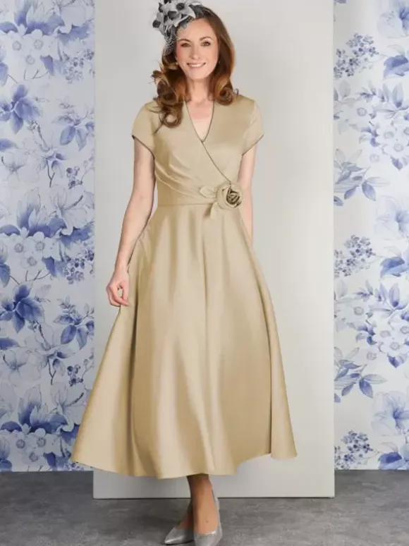 Robe de soirée pour mère de la mariée col en v manches courtes ligne a fleurs longueur cheville robes d'invitées pour mariage
