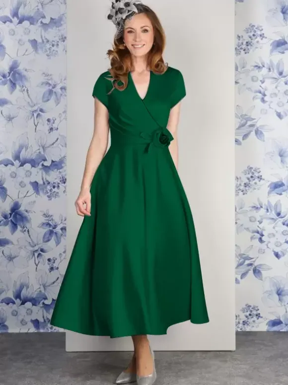 Robe de soirée pour mère de la mariée col en v manches courtes ligne a fleurs longueur cheville robes d'invitées pour mariage