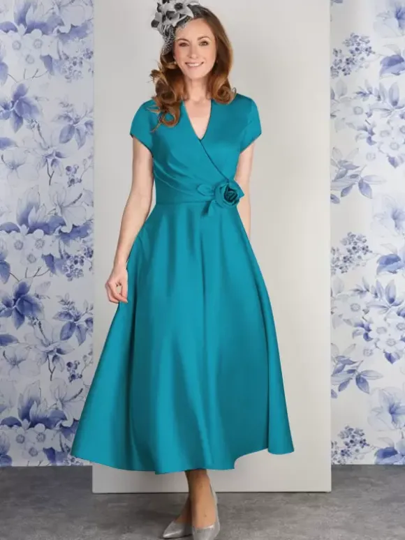 Robe de soirée pour mère de la mariée col en v manches courtes ligne a fleurs longueur cheville robes d'invitées pour mariage