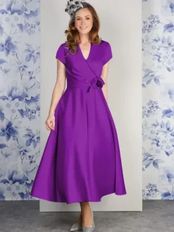 Robe de soirée pour mère de la mariée col en v manches courtes ligne a fleurs longueur cheville robes d'invitées pour mariage