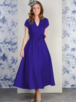 Robe de soirée pour mère de la mariée col en v manches courtes ligne a fleurs longueur cheville robes d'invitées pour mariage