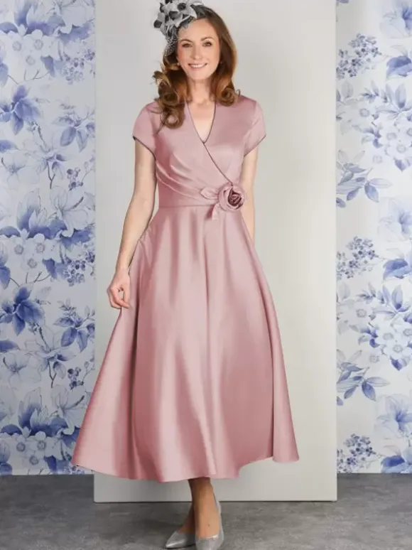 Robe de soirée pour mère de la mariée col en v manches courtes ligne a fleurs longueur cheville robes d'invitées pour mariage