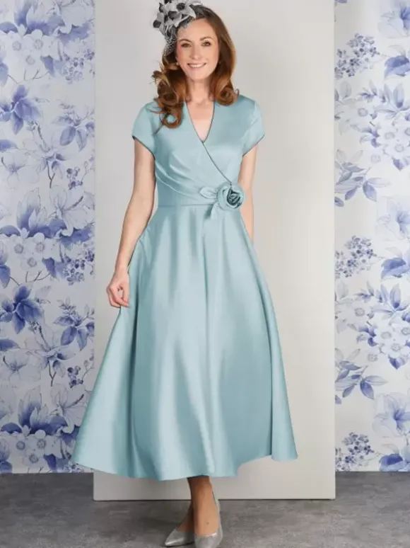 Robe de soirée pour mère de la mariée col en v manches courtes ligne a fleurs longueur cheville robes d'invitées pour mariage
