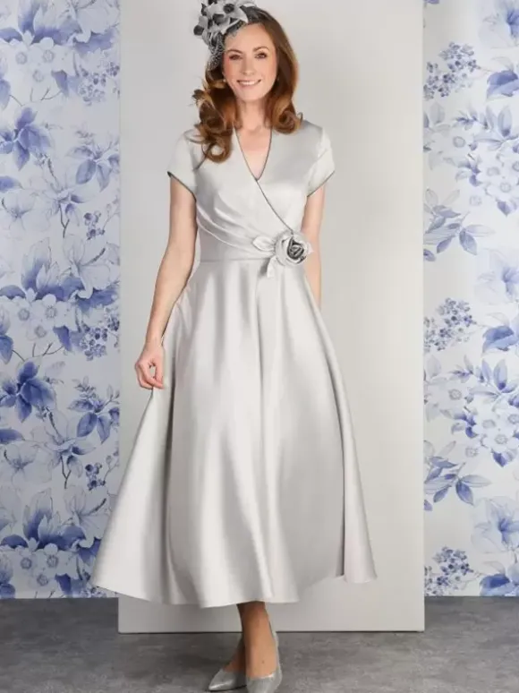 Robe de soirée pour mère de la mariée col en v manches courtes ligne a fleurs longueur cheville robes d'invitées pour mariage