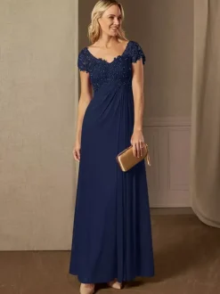 Robe de soirée pour mère de la mariée col en v manches courtes ligne a robes d'invitées de mariage en dentelle