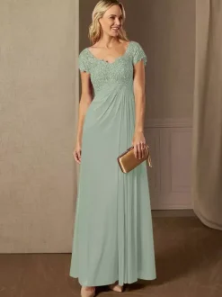 Robe de soirée pour mère de la mariée col en v manches courtes ligne a robes d'invitées de mariage en dentelle