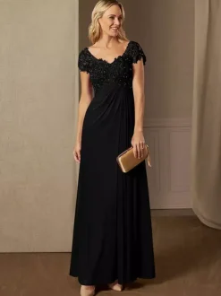 Robe de soirée pour mère de la mariée col en v manches courtes ligne a robes d'invitées de mariage en dentelle