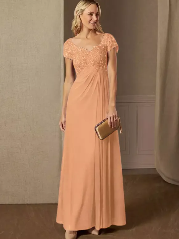 Robe de soirée pour mère de la mariée col en v manches courtes ligne a robes d'invitées de mariage en dentelle