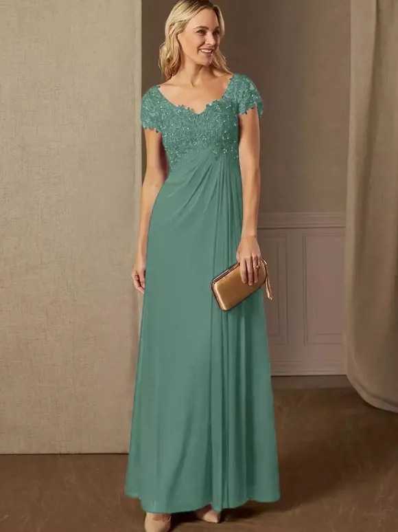 Robe de soirée pour mère de la mariée col en v manches courtes ligne a robes d'invitées de mariage en dentelle