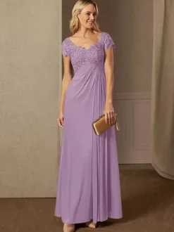 Robe de soirée pour mère de la mariée col en v manches courtes ligne a robes d'invitées de mariage en dentelle