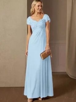 Robe de soirée pour mère de la mariée col en v manches courtes ligne a robes d'invitées de mariage en dentelle