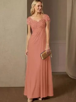 Robe de soirée pour mère de la mariée col en v manches courtes ligne a robes d'invitées de mariage en dentelle