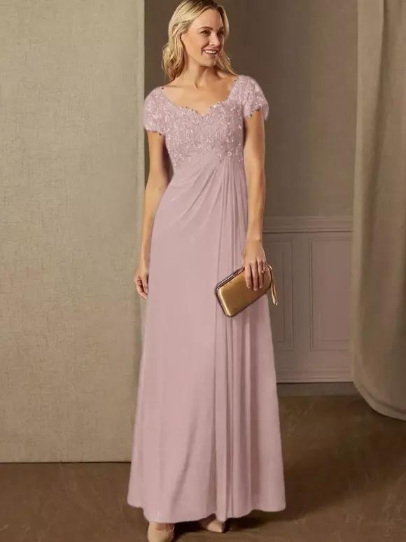 Robe de soirée pour mère de la mariée col en v manches courtes ligne a robes d'invitées de mariage en dentelle