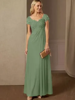 Robe de soirée pour mère de la mariée col en v manches courtes ligne a robes d'invitées de mariage en dentelle