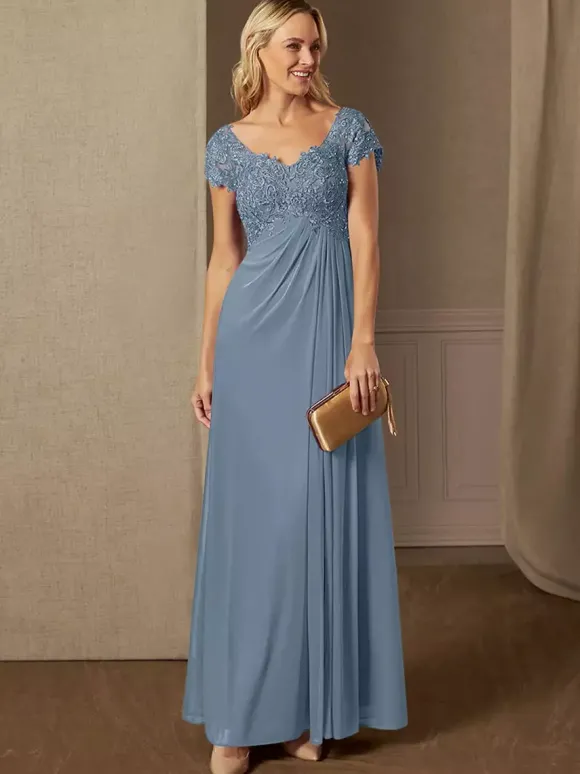 Robe de soirée pour mère de la mariée col en v manches courtes ligne a robes d'invitées de mariage en dentelle
