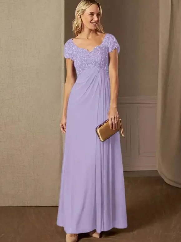 Robe de soirée pour mère de la mariée col en v manches courtes ligne a robes d'invitées de mariage en dentelle