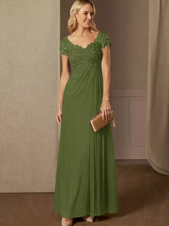 Robe de soirée pour mère de la mariée col en v manches courtes ligne a robes d'invitées de mariage en dentelle