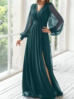 Robe de soirée pour mère de la mariée col en v manches longues ligne a robes d'invitées plissées pour mariage