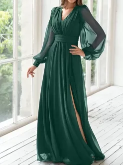 Robe de soirée pour mère de la mariée col en v manches longues ligne a robes d'invitées plissées pour mariage