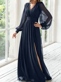 Robe de soirée pour mère de la mariée col en v manches longues ligne a robes d'invitées plissées pour mariage