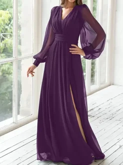 Robe de soirée pour mère de la mariée col en v manches longues ligne a robes d'invitées plissées pour mariage