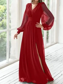 Robe de soirée pour mère de la mariée col en v manches longues ligne a robes d'invitées plissées pour mariage