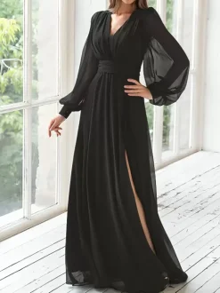 Robe de soirée pour mère de la mariée col en v manches longues ligne a robes d'invitées plissées pour mariage