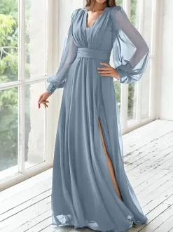 Robe de soirée pour mère de la mariée col en v manches longues ligne a robes d'invitées plissées pour mariage