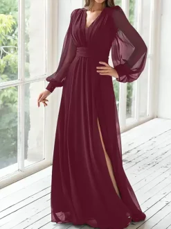Robe de soirée pour mère de la mariée col en v manches longues ligne a robes d'invitées plissées pour mariage