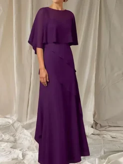 Robe de soirée pour mère de la mariée col bijou manches mi-longues robe de bal à volants robes d'invitées pour mariage