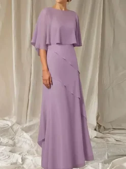 Robe de soirée pour mère de la mariée col bijou manches mi-longues robe de bal à volants robes d'invitées pour mariage