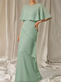 Robe de soirée pour mère de la mariée col bijou manches mi-longues robe de bal à volants robes d'invitées pour mariage