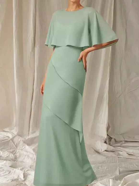 Robe de soirée pour mère de la mariée col bijou manches mi-longues robe de bal à volants robes d'invitées pour mariage