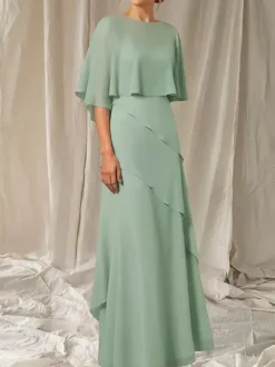 Robe de soirée pour mère de la mariée col bijou manches mi-longues robe de bal à volants robes d'invitées pour mariage