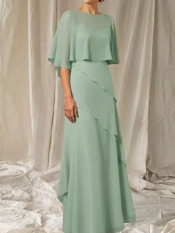 Robe de soirée pour mère de la mariée col bijou manches mi-longues robe de bal à volants robes d'invitées pour mariage