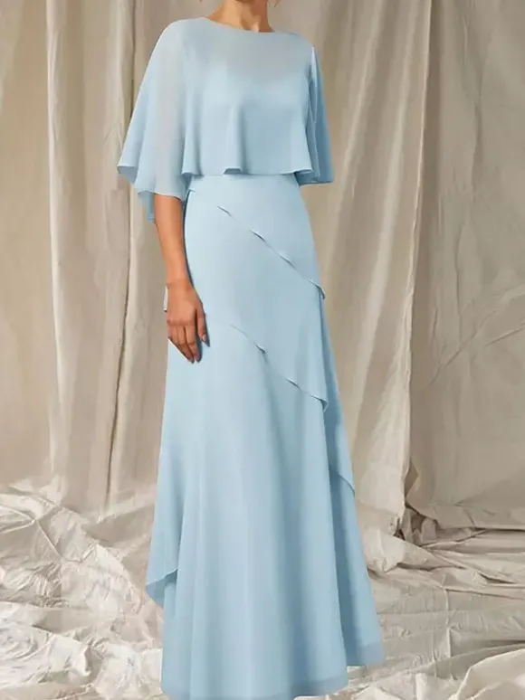 Robe de soirée pour mère de la mariée col bijou manches mi-longues robe de bal à volants robes d'invitées pour mariage